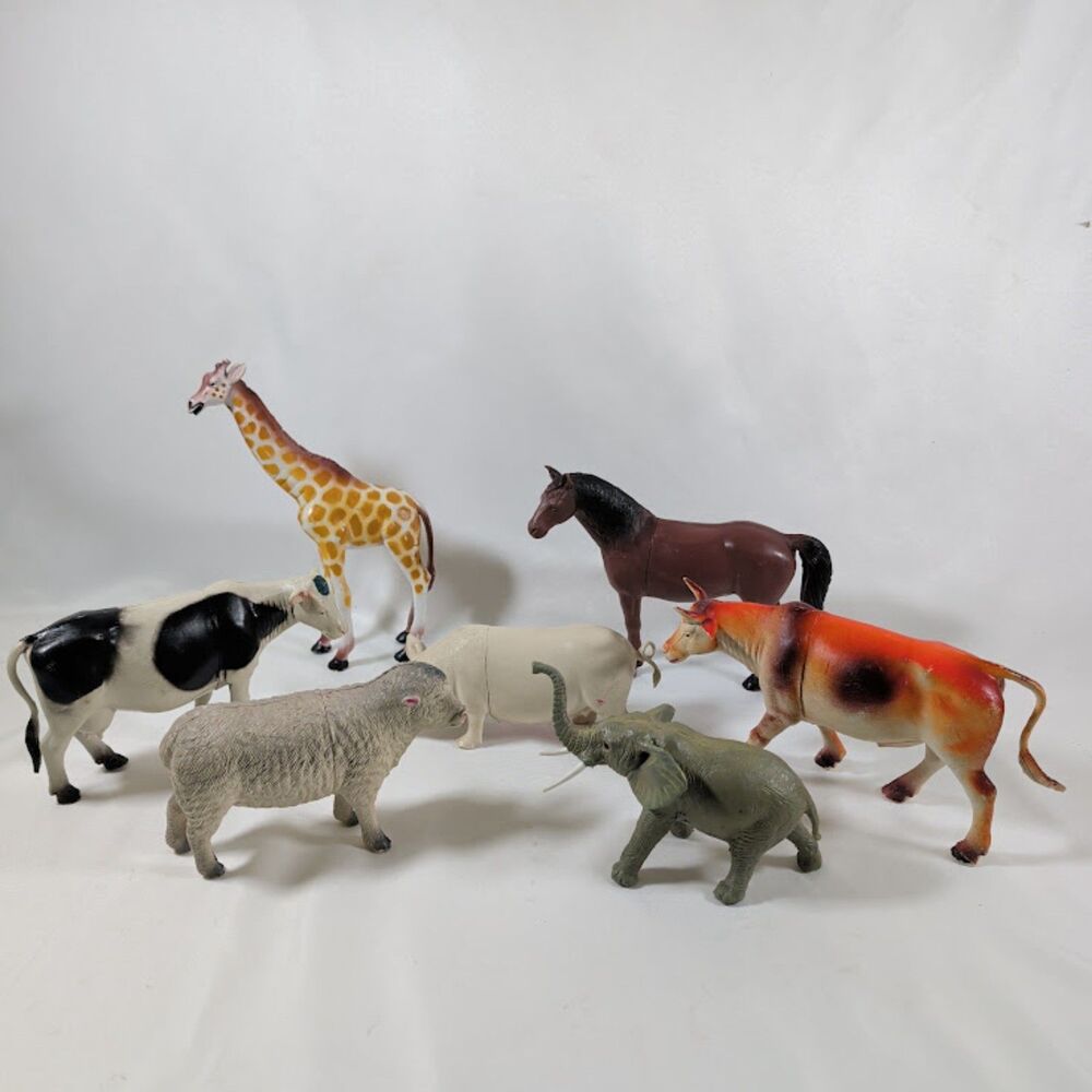 7 Vintage Imperial Farm & Zoo Animal Figures Cow Horse Sheep Giraffe Elephant